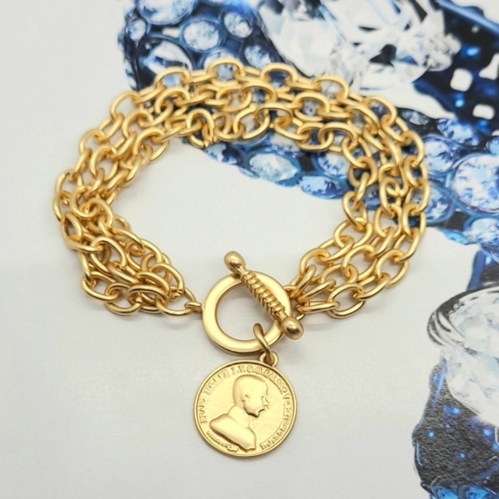 Vintage Style Greek Gold Coin Layered Chain Link Bracelet W/Toggle Clasp